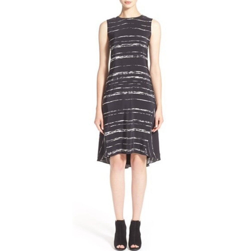 Vince Women's Sleeveless Dress Black White Stripe Shift Midi Dress Small 4